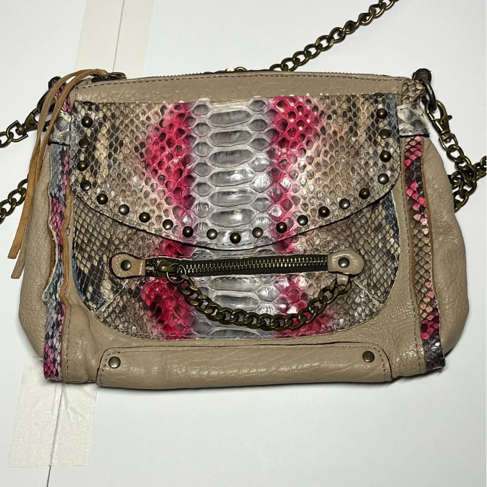 ABACO Paris Made France Leather Python Embossed Chain Crossbody Bag Pink Taupe